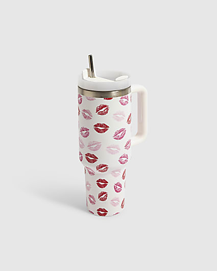 Pink Lips Print Cup With Straw