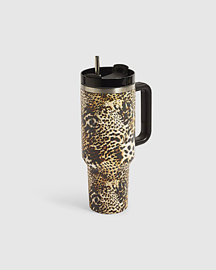 Black Leopard Print Cup With Straw