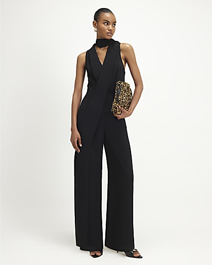 Black Belted Neck Scarf Jumpsuit