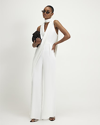 White Neck Scarf Wide Leg Jumpsuit