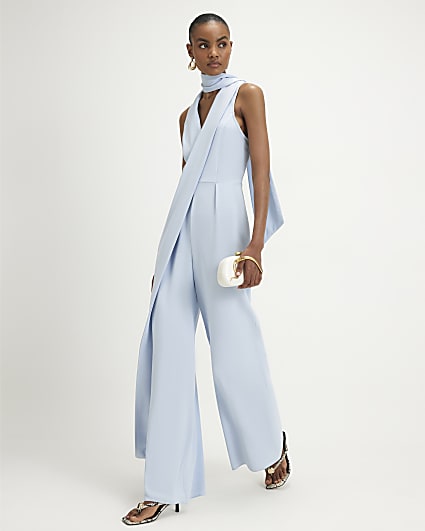 Blue Neck Scarf Wide Leg Jumpsuit