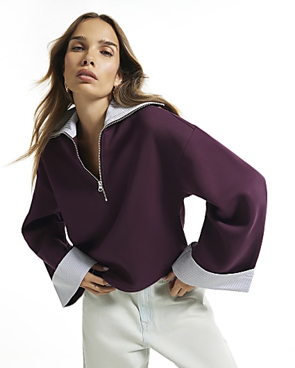 Burgundy Stripe Half Zip Sweatshirt