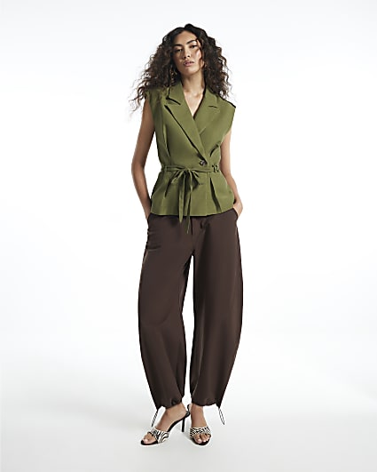 Green Cotton Blend Tie Detail Wrap Top