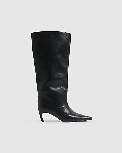 Black Faux Leather Kitten Knee High Boots