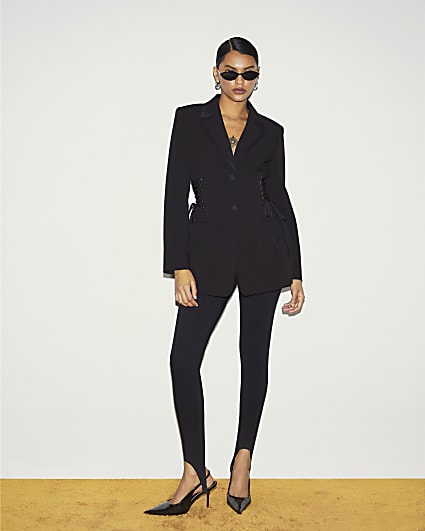 Black Lace Up Tuxedo Blazer Dress