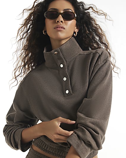 Brown Popper Funnel Neck Sweatshirt