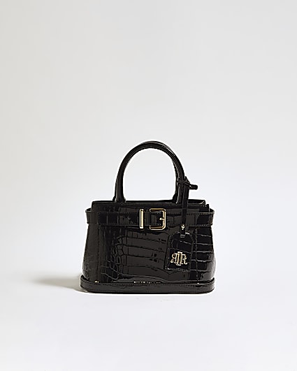 Black Patent Belt Front Mini Tote Bag