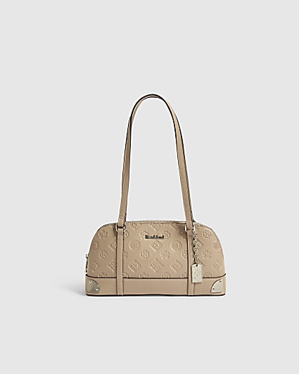 Beige Embossed Long Handle Bowler Bag
