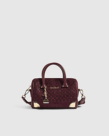 Burgundy Monogram Embellished Bowler Bag