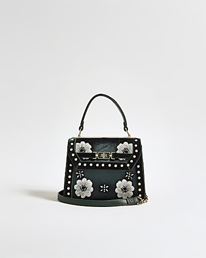 Green Velvet Floral Mini Charm Crossbody Bag