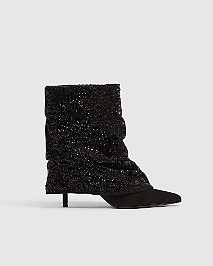 Black Diamante Skinny Heeled Ankle Boots