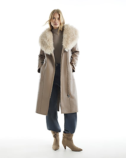 Beige Faux Leather Belt Shearling Trench Coat