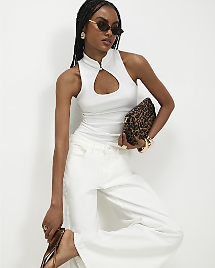 Cream Sleeveless Keyhole Button Top