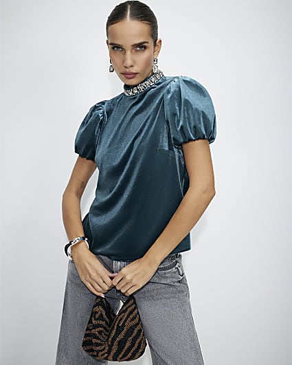 Blue Embellished Velvet Top