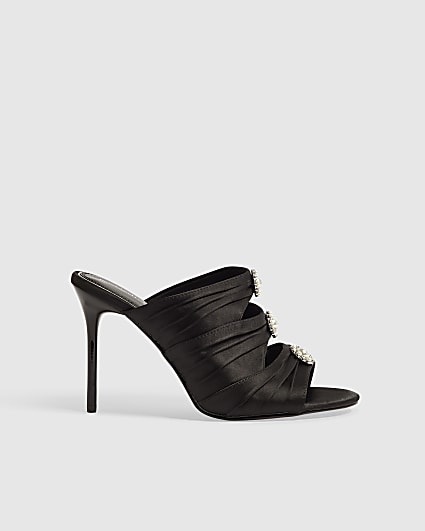 Black Satin Stiletto Heel Mule Sandals