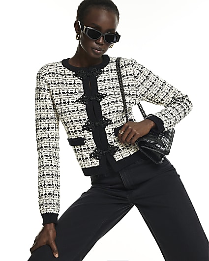 Black Boucle Knit Frogging Cardigan