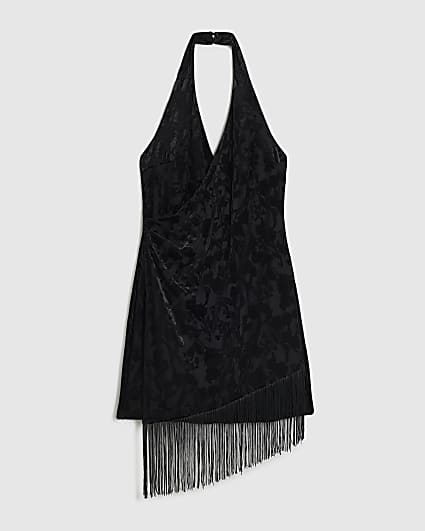 Petite Black Velvet Devore Fringe Dress
