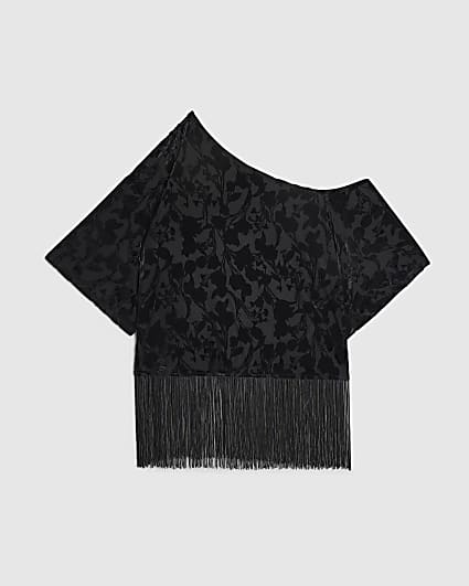 Petite Black Devore One Shoulder Fringe Top