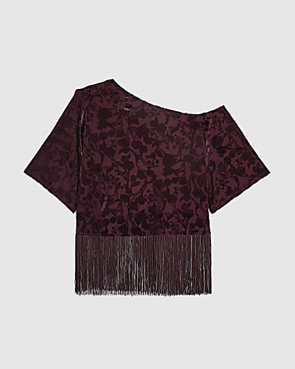 Petite Wine Devore One Shoulder Fringe Top