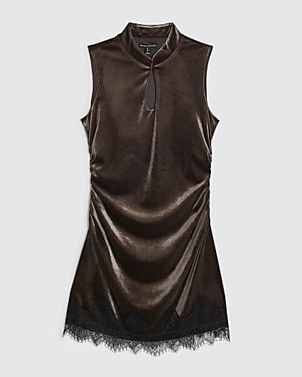 Petite Brown Lace Trim Velvet Mini Dress