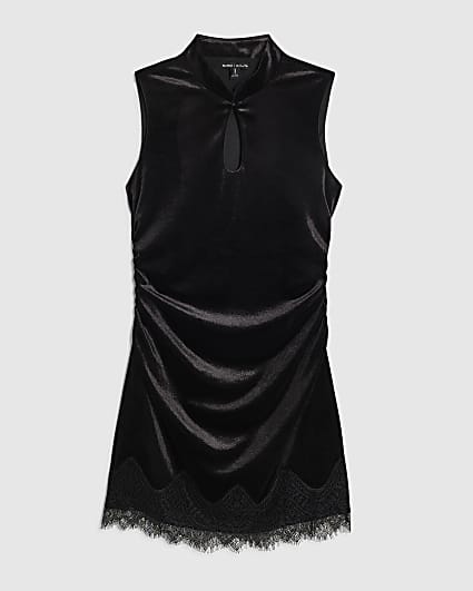 Petite Black Lace Trim Velvet Mini Dress