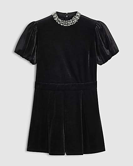 Petite Black Velvet Embellished Neck Playsuit