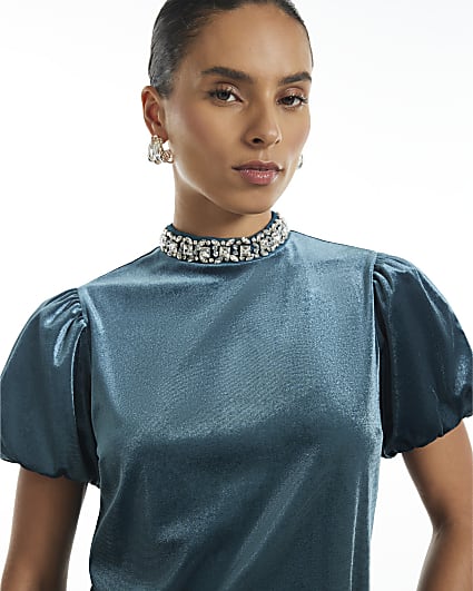 Petite Blue Velvet Embellished Top