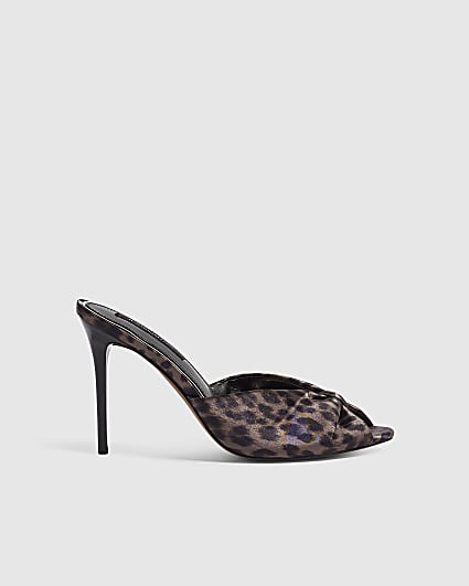Brown Leopard Gathered Mule Heeled Sandals