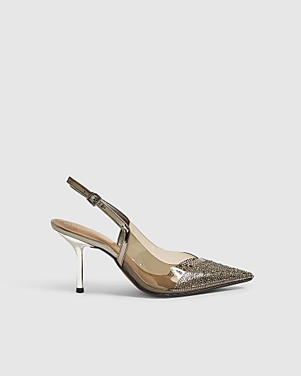 Grey Embellished Slingback Court Heels