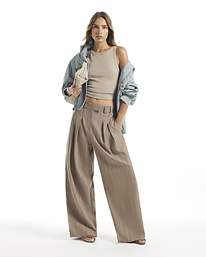 Beige Stripe Wide Leg Trousers
