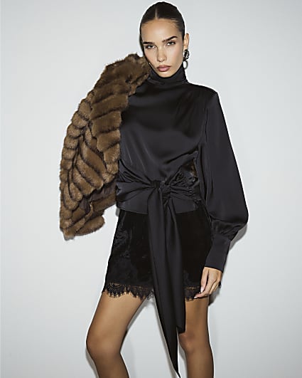 Black Funnel Neck Satin Top
