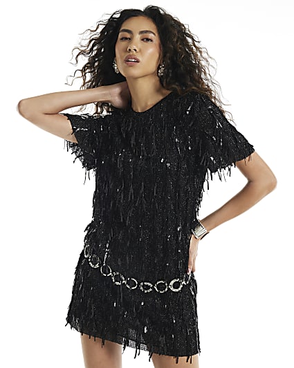 Black Sequin T-Shirt Dress