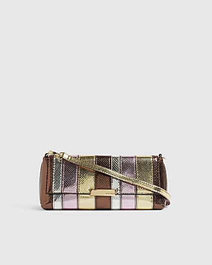Bronze Metallic Bar Flap Front Clutch Bag