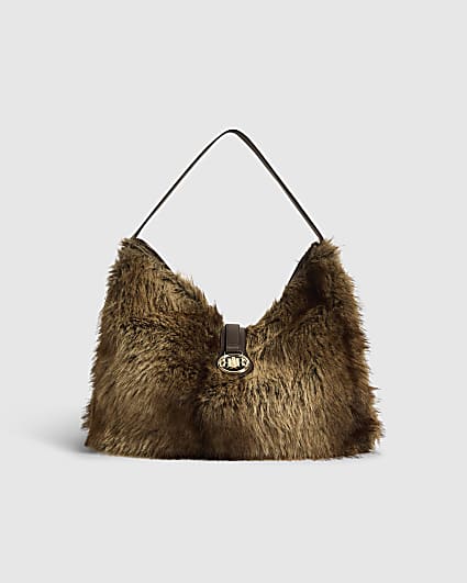 Brown Faux Fur Flap Buckle Corner Slouch Bag