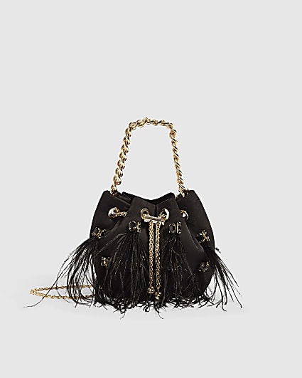 Black Floral Jacquard Gem Handle Feather Bag