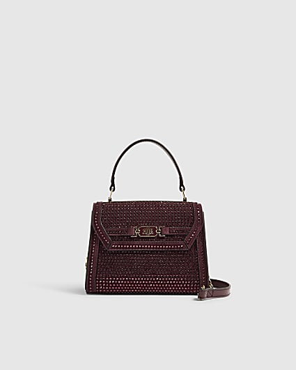 Burgundy Embellished Mini Tote Crossbody Bag
