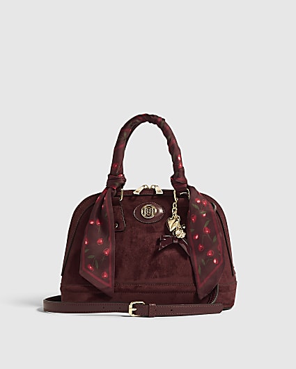Burgundy Faux Suede Cherry Scarf Tote Bag