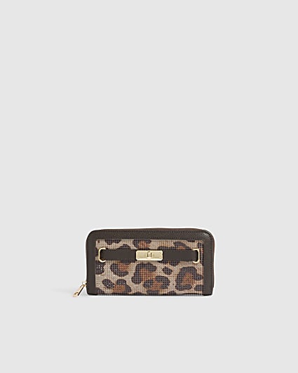 Brown Leopard Print Diamante Ziparound Purse