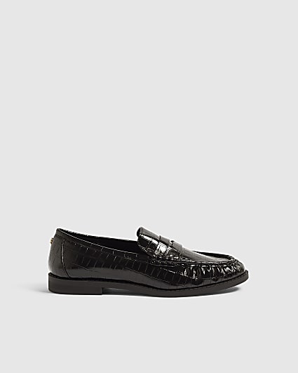 Black Faux Leather Croc Ruched Loafers
