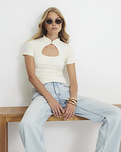 Cream Short Sleeve Keyhole Top