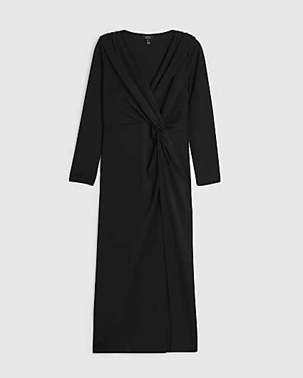 Petite Black Drape Front Midi Dress