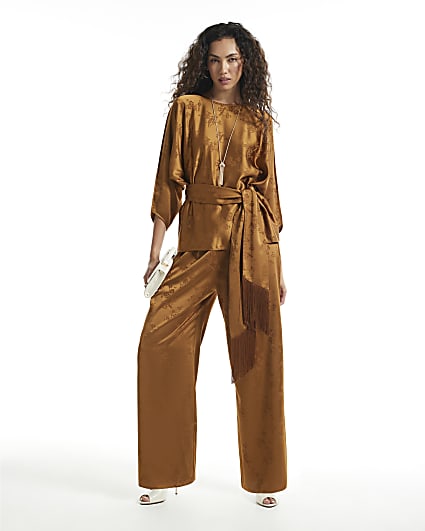 Brown Satin Jacquard Wide Leg Trousers