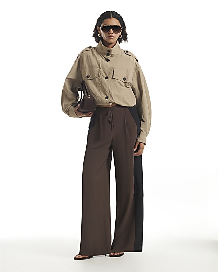Brown Side Stripe Wide Leg Joggers
