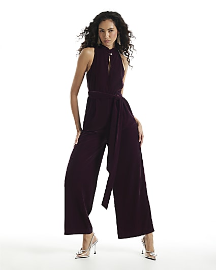 Burgundy Velvet Keyhole Jumpsuit