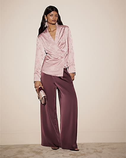 Pink Satin Floral Jacquard Wrap Top
