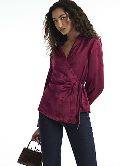 Burgundy Satin Floral Jacquard Wrap Top