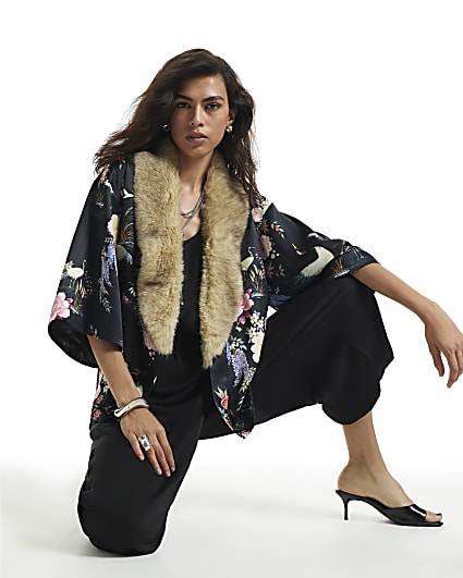 Black Satin Floral Faux Fur Trim Kimono