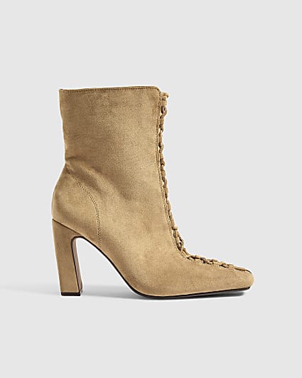 Beige Block Heel Lace Up Ankle Boots