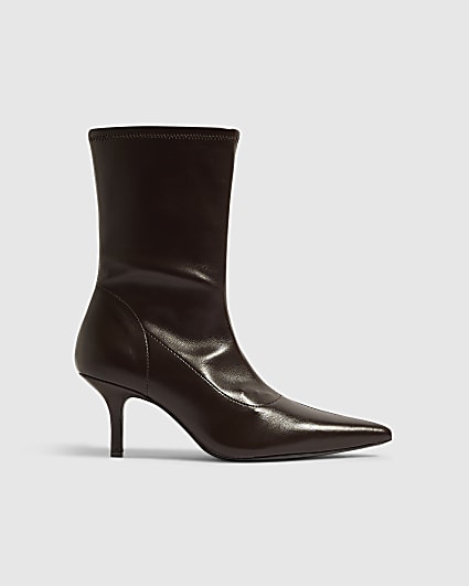 Brown Faux Leather Heeled Ankle Boots