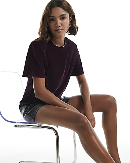 Burgundy Velvet Diamante Trim T-Shirt